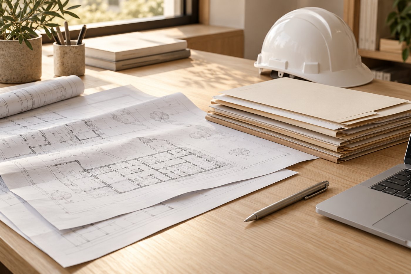 Dossier administratif de chantier avec plans et casque